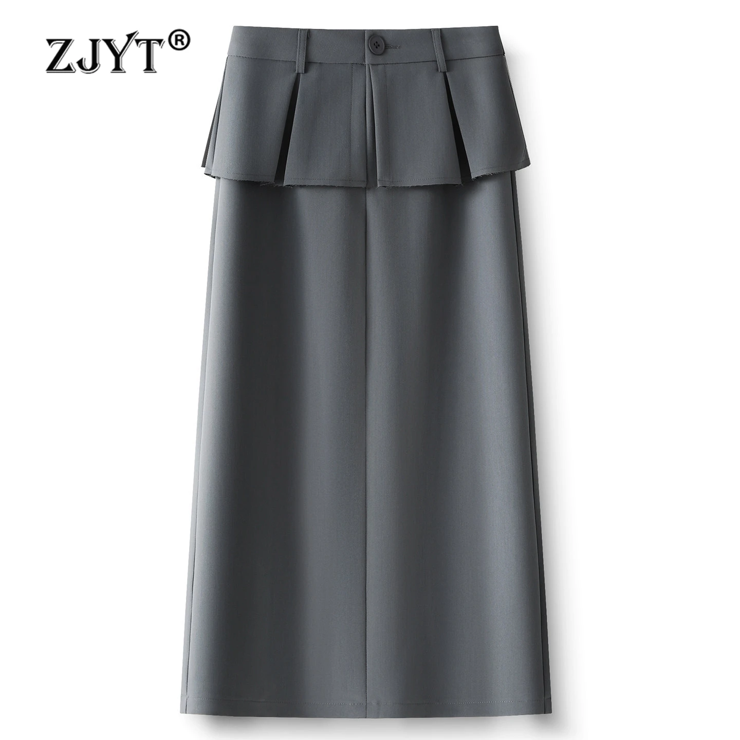 

ZJYT Elegant Ladies Summer Skirts for Women 2026 New Fashion High Waist Ruffles Commuting Midi Skirt Female Faldas Grey
