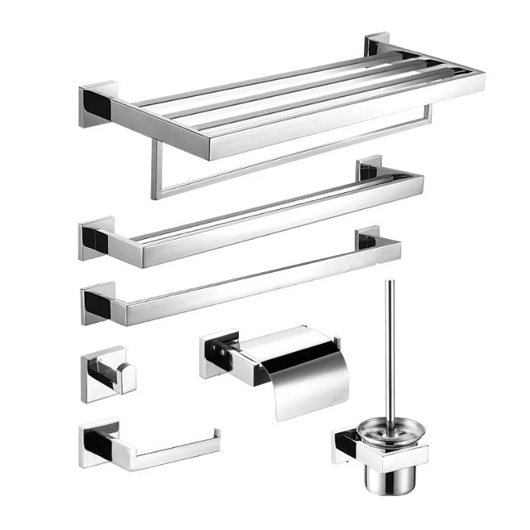 Modern Stainless Steel Polished Mirror Square Bathroom Hardware Luxury Bath Toilet Fittings Set Home Hotel Shower Room Accessory