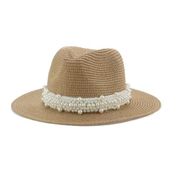 Women Hats Summer Beach Solid Pearl Band Sun Hat Luxury Panama Sun Protection Straw Beach Decorate Summer Hat Gorras Para Mujer