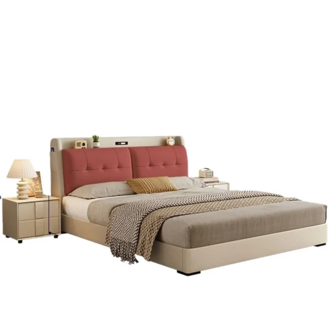 

Leather bed, master bedroom, high-end, atmospheric, solid wood, soft bag
