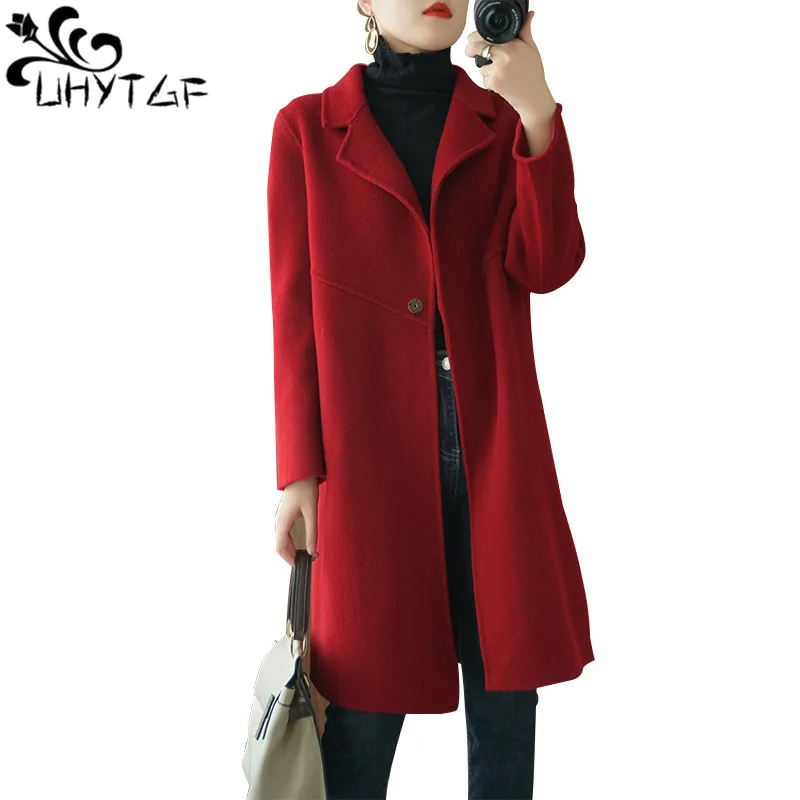 

UHYTGF Quality Double-Sided Woolen Coat Women's Long Sleeve Lapel Casual Spring Autumn Jacket Female Elegant Ladies Clothes 1848