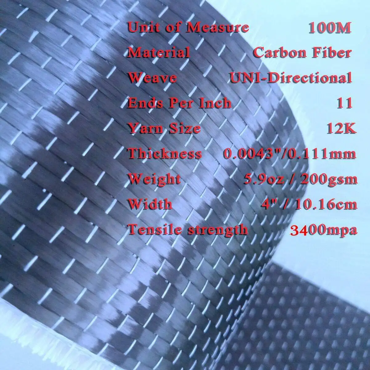 

wholesale 3.4Gpa 200gsm 4" X 100M Carbon Fiber 12k Unidirectional Cloth Fabric Tap 5.9oz for Reinforce houses and bridges