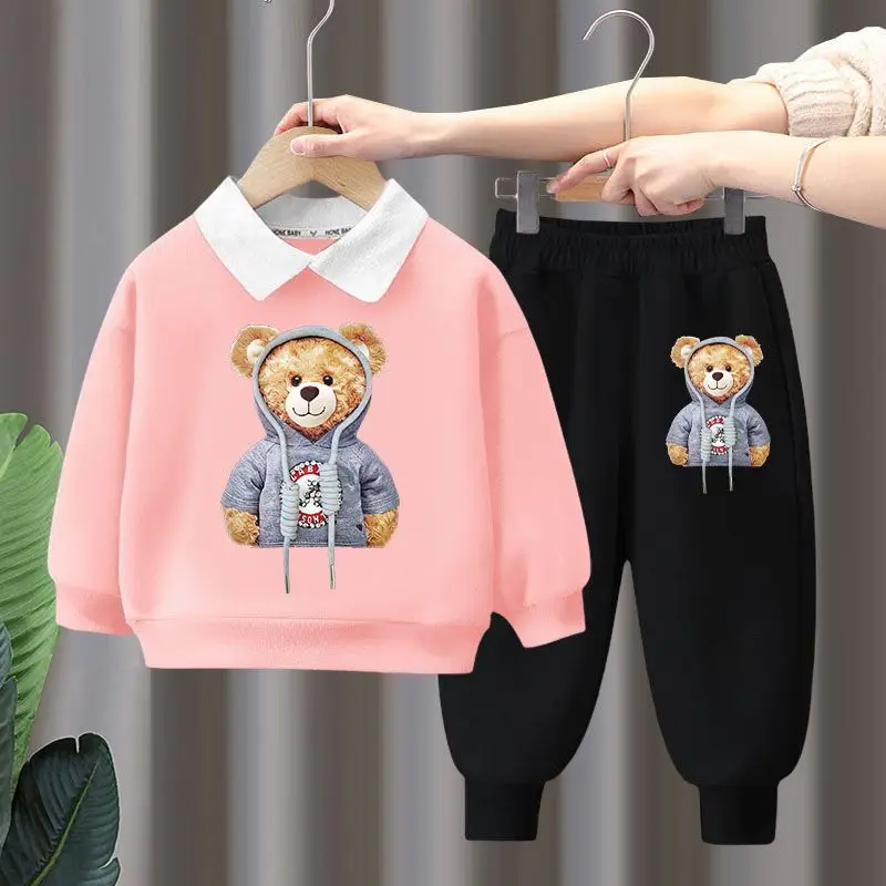 Autumn Baby Girls Clothes Set Children Boy Lapel Cartoon Printed Pullover Sweatshirts And Pants 2pcs Suit Children Tracksuits