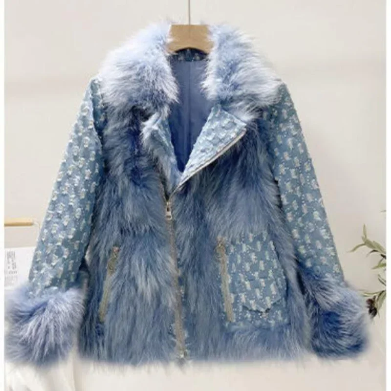 Women Imitation Fox Fur Denim Stitching Bomber Jacket Turn Down Collar Raccoon Fur Jeans Coat Zipper Cardigan Windbreaker Tops