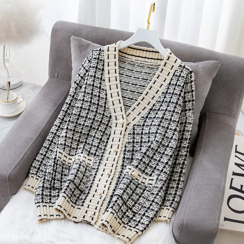 

Women's Sweater Coat. Loose and Lazy Style for Outerwear. Autumn. Korean - style Student Grid Knitted Cardigan. Fashionable