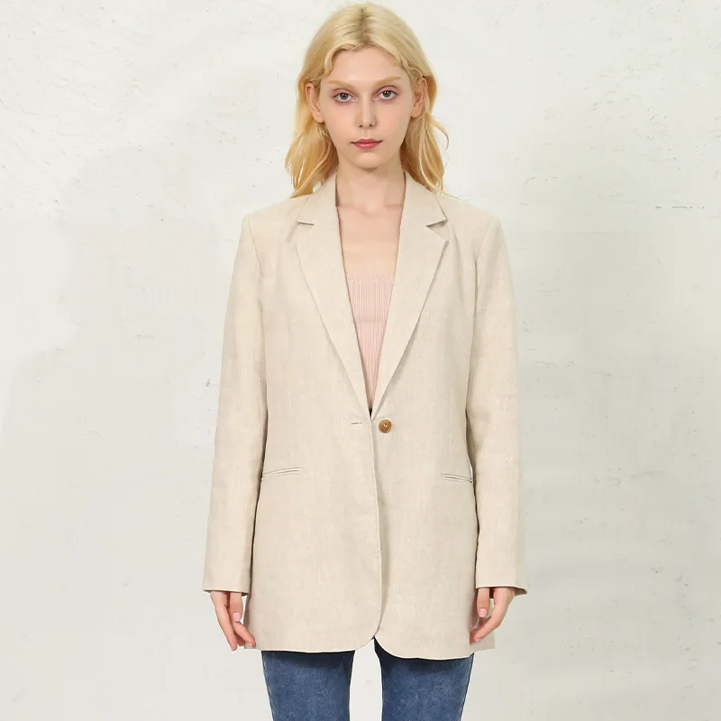 Casual 100% Linen Blazer Woman Vintage Notched Collar Long Sleeve Elegant Womens Jacket Autumn Coats Outerwear Casacos