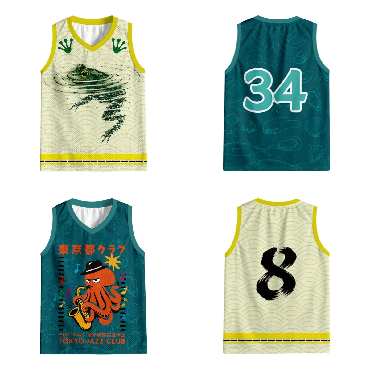 Boys' Japanese Octopus Themed Basketball Suit, Retro Frog Breathable Sleeveless T-shirt Vest, Adult Top Suitable for Everyone