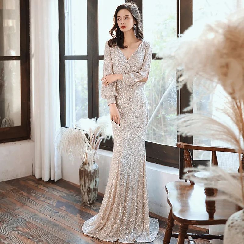 Маленькое вечернее платье для банкета, женское новое длинное серебряное блестками, элегантная юбка «рыбий хвост», хоровое выступление, ведущее