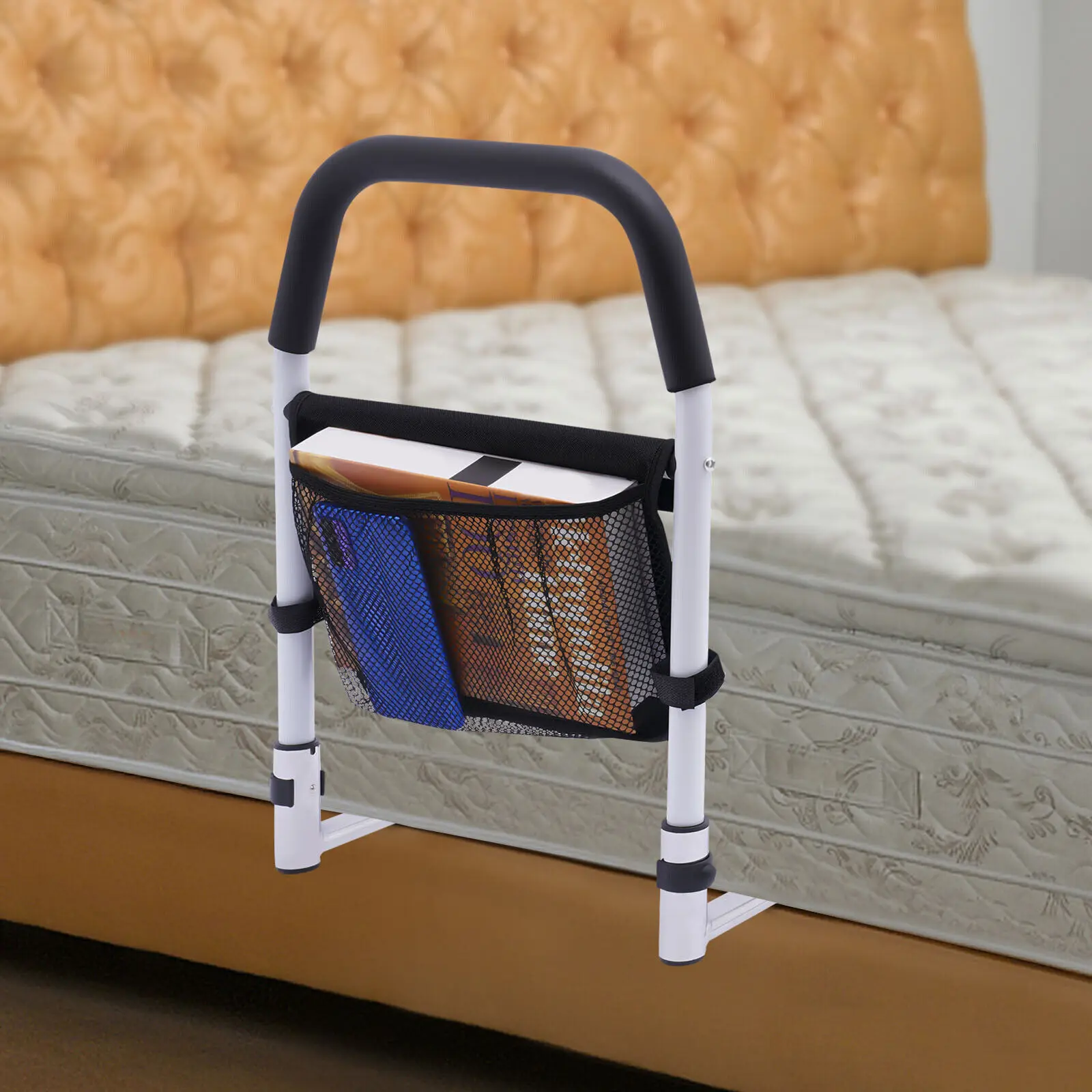 Bed Assist Rail High-Carbon Steel Bedside Handrail with Storage Pocket Portable Travel Bed Safety Rail for The Elderly