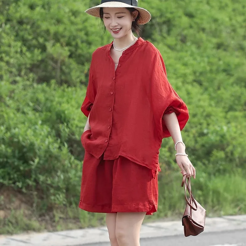 

Thin Soft Ramie Women Shirts with Shorts Two Pieces Set Summer Design Sun Protection Outfit N763