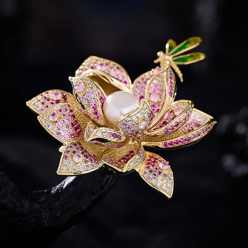 Chinese Style High-end Zircon Dragonfly Lotus Freshwater Pearl Plant Brooches Pins Luxury Cheongsam Enamel Iris Flower Corsage