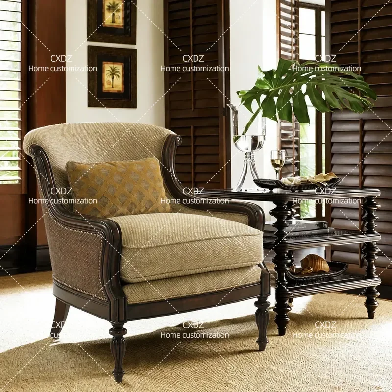 Country Log Rattan Single Sofa Leather Fabric Leisure Tiger Chair Soft Comfortable Balcony Sofa Chair