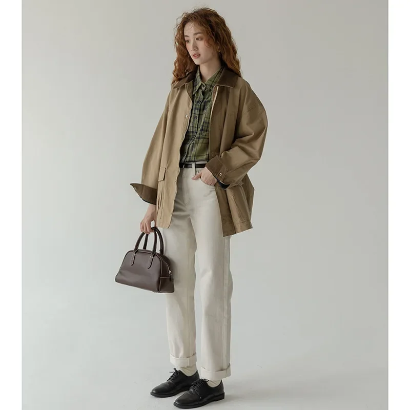 New Fashion Loose Cargo Coat Long Sleeves Khaki Colorant Match Polo Neck Female Senior Vintage Mid-length Tops Spring Autumn