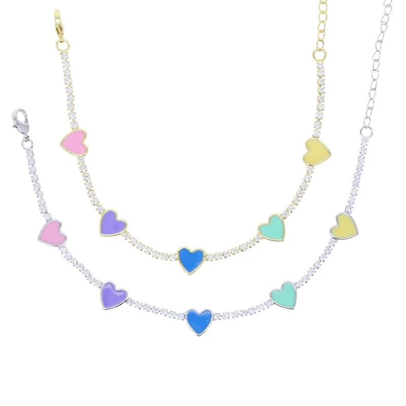 Pastel Enamel Heart Charm 2mm CZ Tennis Chain Colorful Summer Girl Women Hot Selling Fashion Bracelet