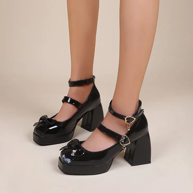 Punk Heart Buckle High Heels Pumps Women 2024 Spring Black Chunky Platform Lolita Shoes Woman Bowtie Thick Heel Gothic Shoes