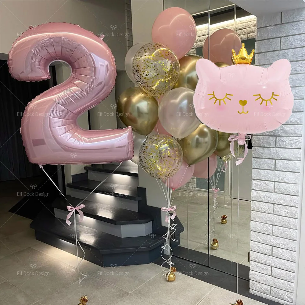 15 Stück rosa Krone Katze 40 Zoll Zahl Folienballons Geburtstag Party Dekorationen Kinder Mädchen 1-9 Jahre alt Dekorationen Geschenk Babyparty