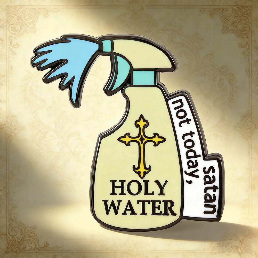 Not Today Satan Enamel Pin Holy Water Water Spray Bottle Lapel Pin Spiritual Badge Jesus Quote Religious Devotion Jewelry Decora