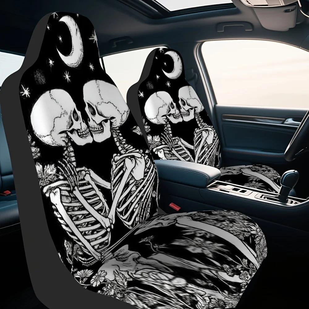 2pcs, Couple Skeleton Moon Romance Pattern Front Seat Covers, Stylish Auto Accessory Gift For Holidays, Machine Washable For Has