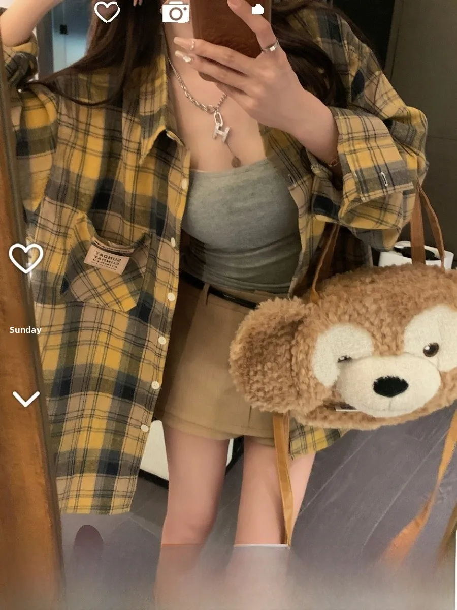 

Loose Fit Long Sve Yellow Plaid irt Women's Summer Sun Protection irt Casual Versatile Lazy Sle Commute Sle irt