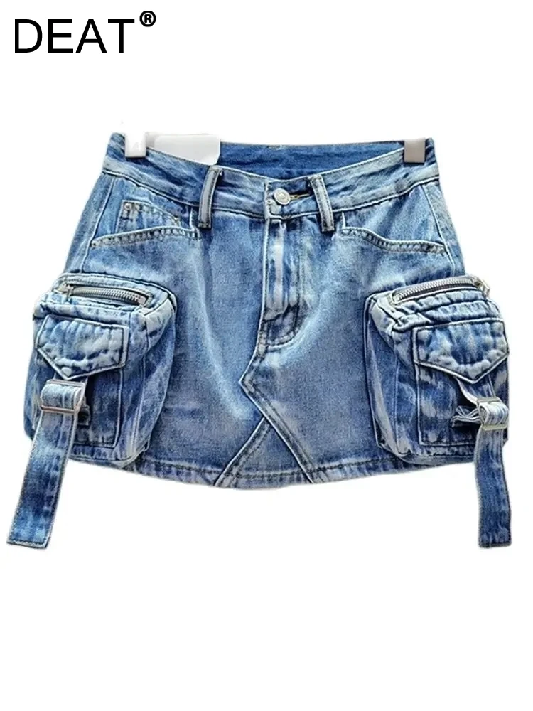 

DEAT Women's Denim Skirt Solid Color High Waist Wrap Hip 3d Pockets A-line Short Cargo Miniskirt 2024 Summer New Fashion 29L6720