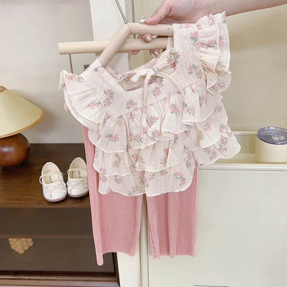 

Summer Cute Girls Floral Chiffon T-shirts Clothes Sets Fashion Square Collar Kids Girl Ruffles Shirts Tops+Loose Pants 2Pcs Suit