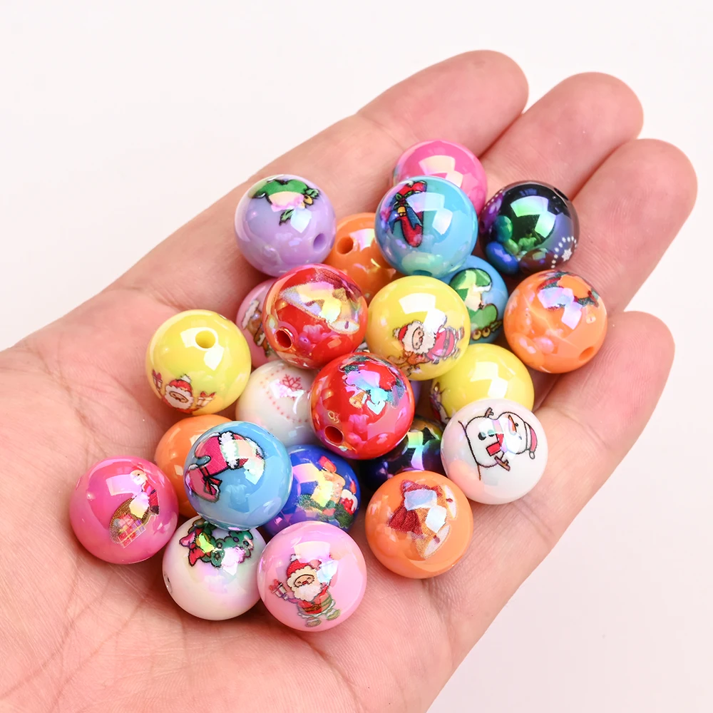 10 Stück 16mm Weihnachtsmann-Acrylperlen, bunte, farbverlaufend bedruckte Zwischenperlen für Weihnachts-DIY-Armbänder und Schmuckzubehör – Detail 3