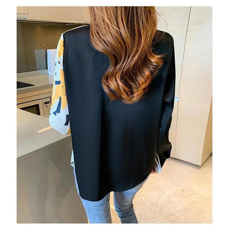Ladies Spring Summer Fashion Simplicity Button Printing Color Blocking Polo Collar Women Shirts Office Lady Trend Long Sleeve To