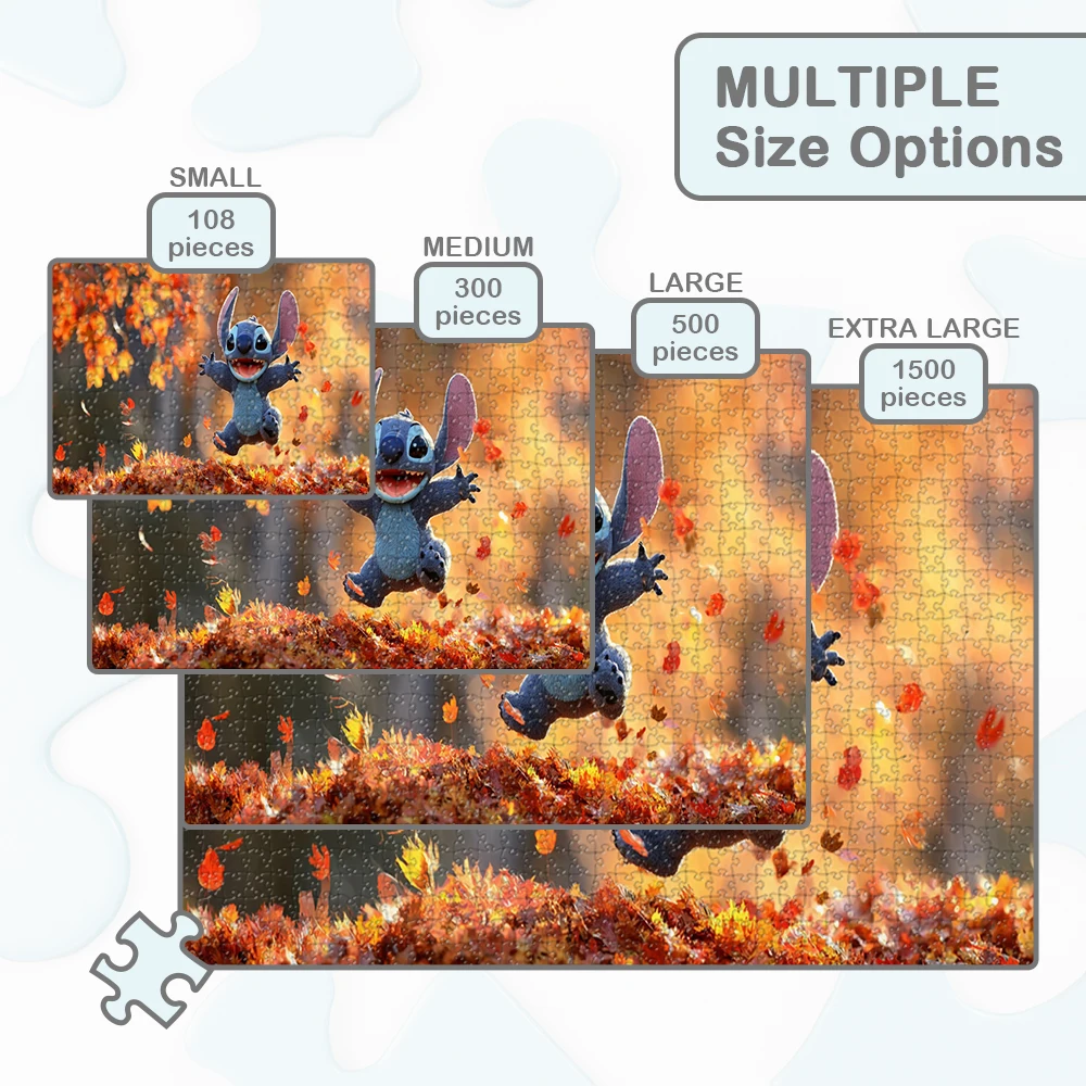 Stitch Disney Holzpuzzle, Herbstblätter, lustiges Familienspiel für Kinder und Erwachsene, leuchtendes Orange und rotes Laubspiel, Spielzeug, Hobbys
