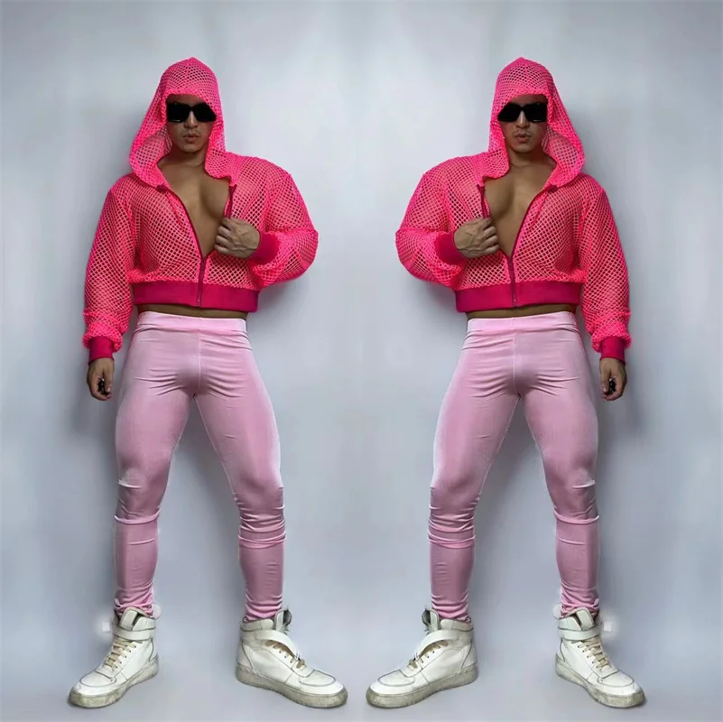 

Men Fluorescent Pink Mesh Hoodies Sweater Nightclub Bar Men's Gogo Baseball Suits Stage Show Party Dance Clothing Set
