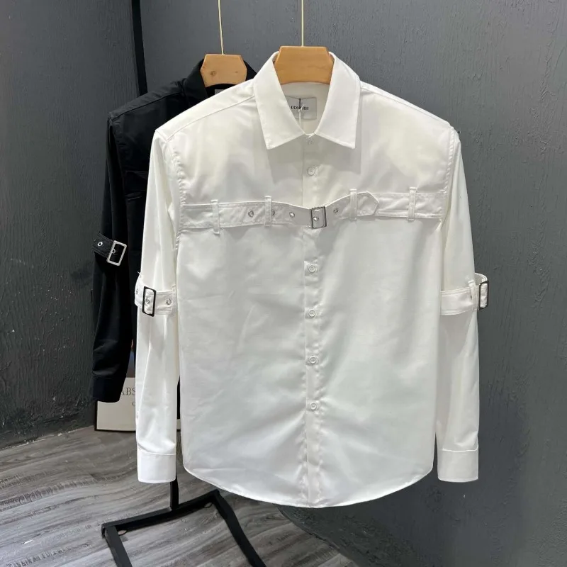 Men Lapel Strap Buckle Long Sleeve Shirt Fashion Streetwear Personality Loose Casual Outerwear Tops