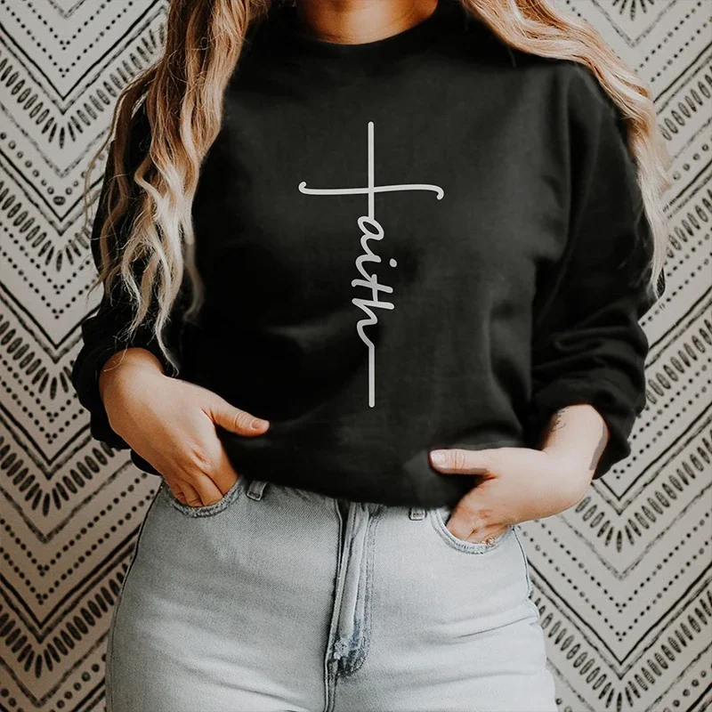 

Faith Cross Fashion Crewneck Sweatshirt Women Religious Motivational Clothes Ladies Long Sleeve Winter Hoodies Harajuku Tops