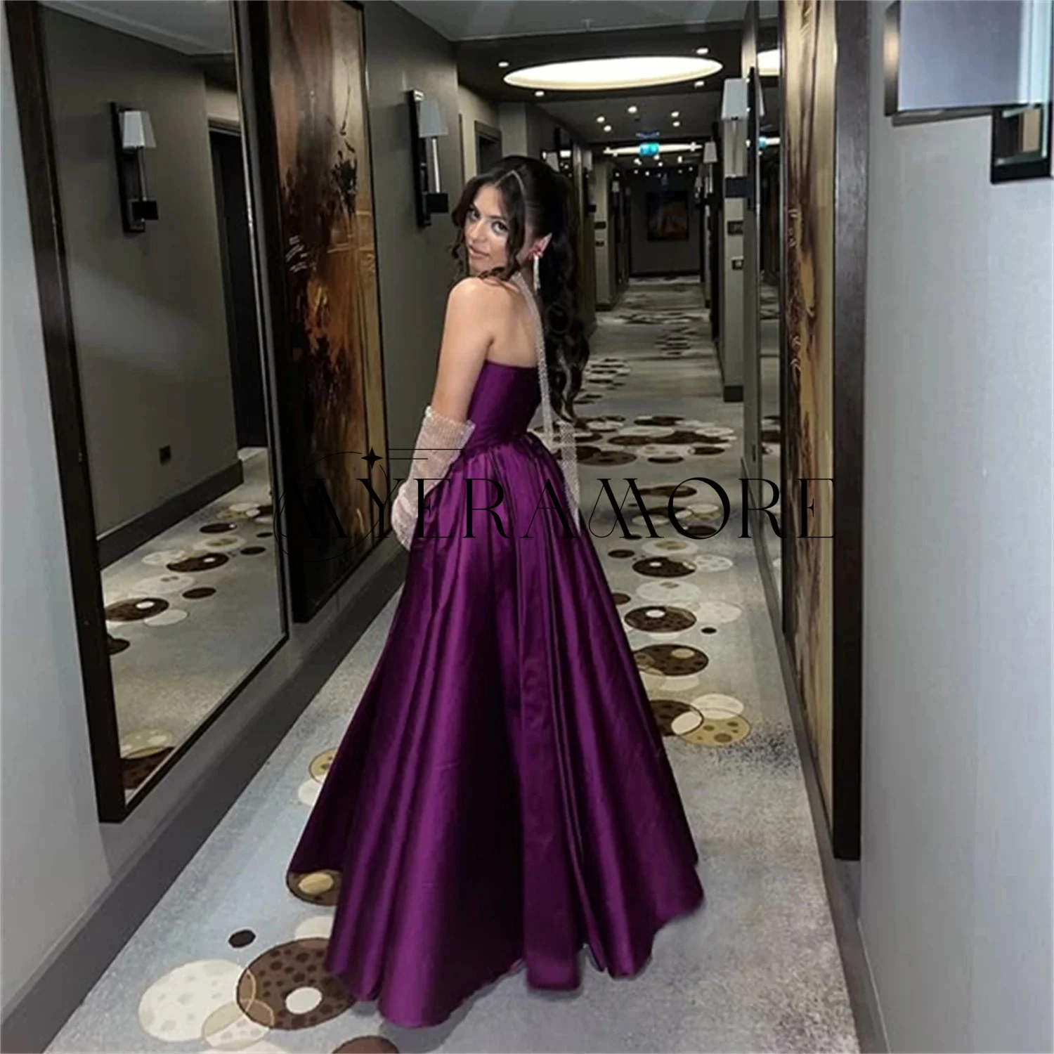 فساتين سهرة بسيطة بدون حمالات أرجواني على شكل حرف a دانتيل قابل للانفصال كم طويل فتحة جانبية فساتين حفلات مخصصة رداء السهرة