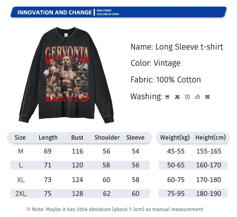 Tank Gervonta Davis Long Sleeve T-shirt Vintage Washed Boxing Sweatshirts Pullover DTG Printing Oversized Tops Tees Men Cotton