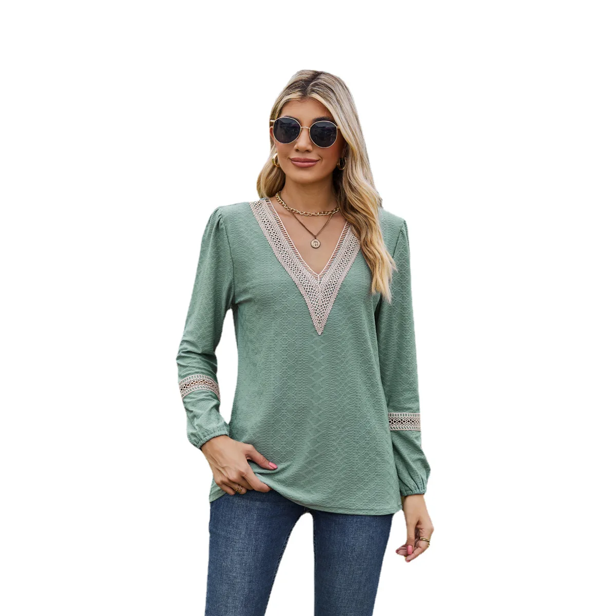

Loose Long Sve V-Ne T-irt Pure Color Lace Splicing Autumn Winter New Sle Casual Comfortable Top Women's Faion