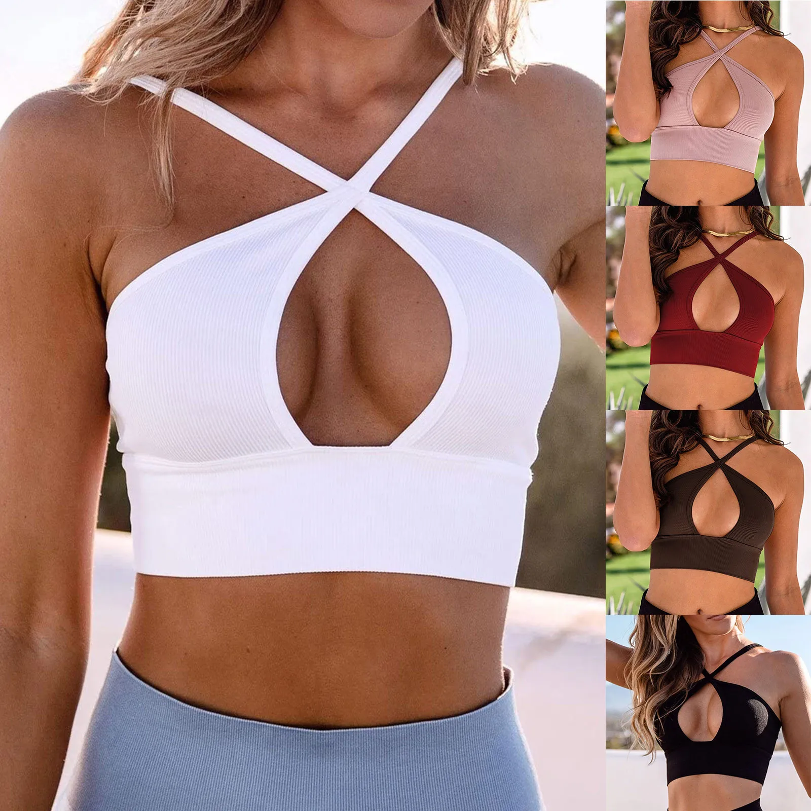 2022 Summer Women Cut Out Front Criss Cross Halter Top Neck Sleeveless Backless Crop Top Bandage Vest Tops Sexy Woman Clothing