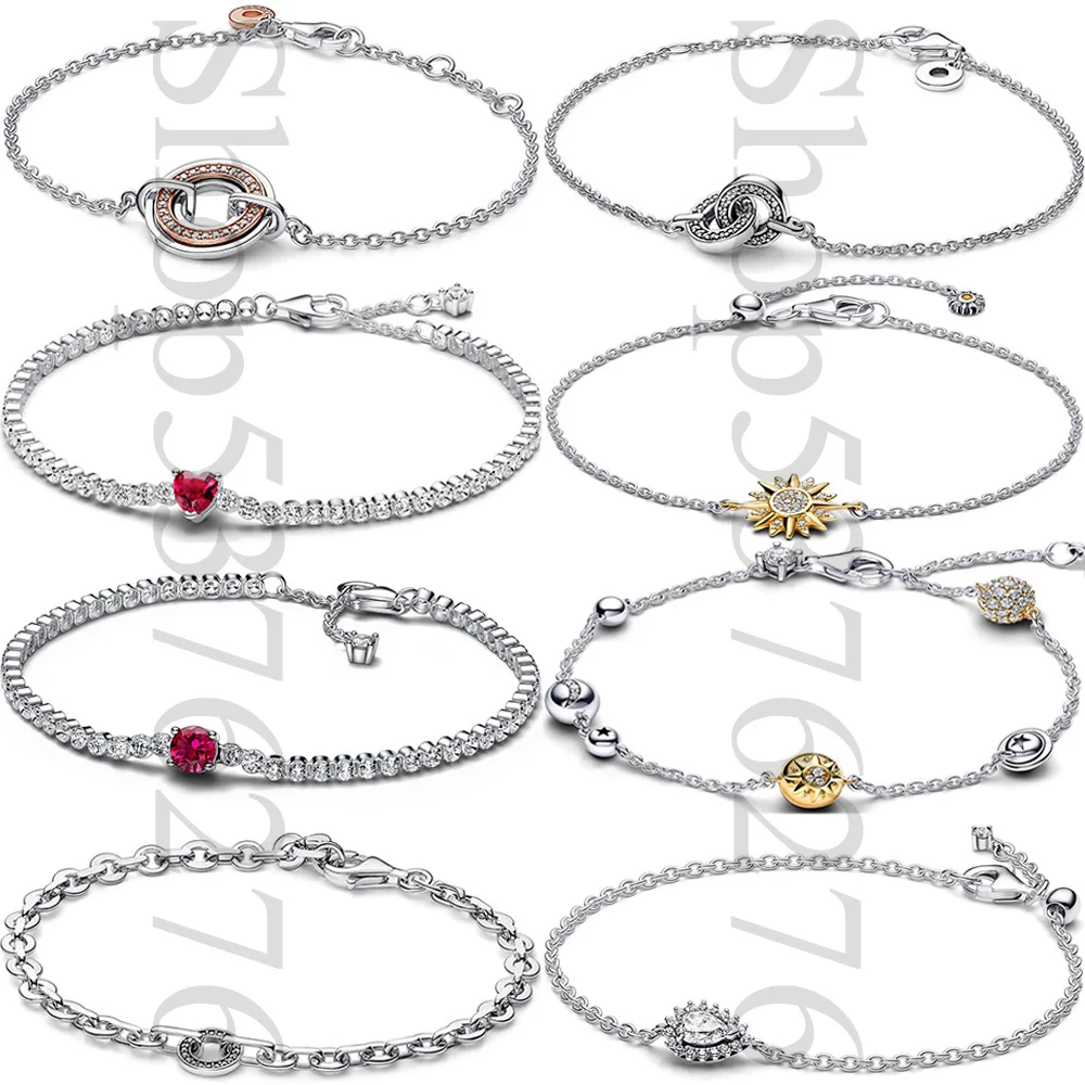 2024 925 Sterling Silver Red Sparkling Heart Round Pavé Pear Fashion Tennis Chain Bracelet Fit Women Bead Charm Gift DIY Jewelry