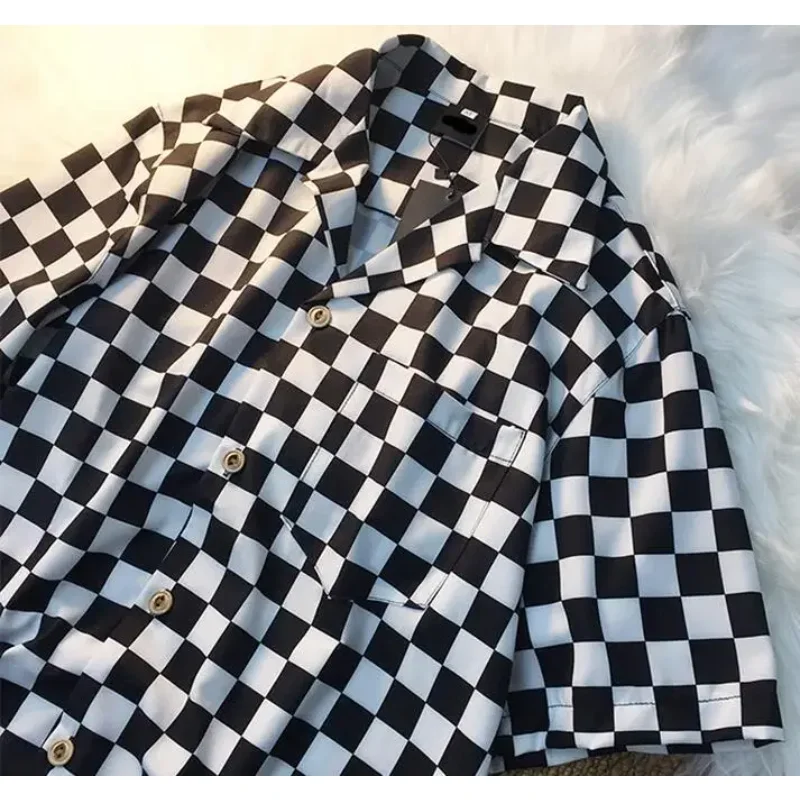 Men Summer Blouse Chess Shirt Grid White Black Plaid Fashion Thin