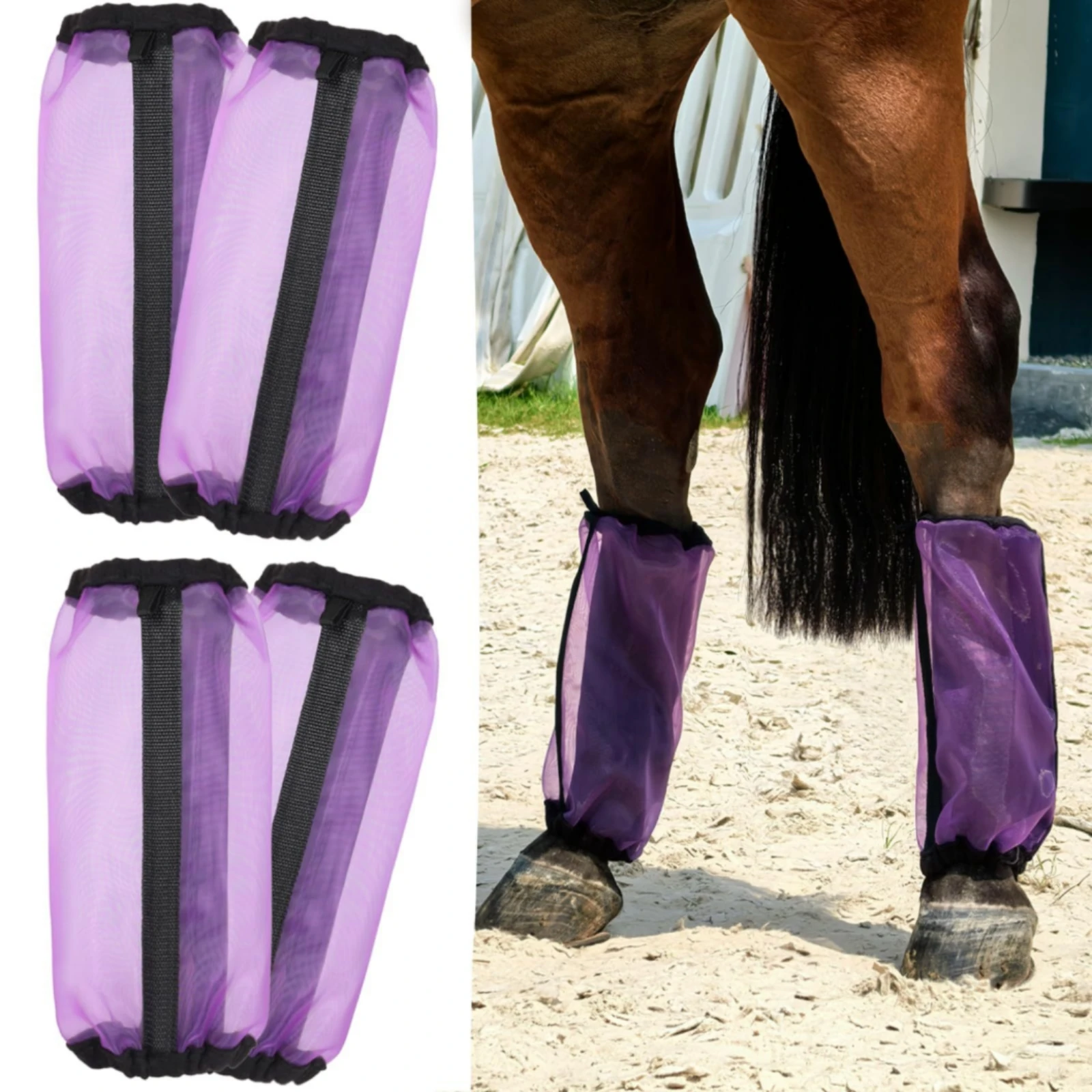 4 Pieces Fly Boots with Fleece Trimming Breathable Horse Fly Boots Horse Leg Sleeve with Fleece Trim Adjustable Sturdy