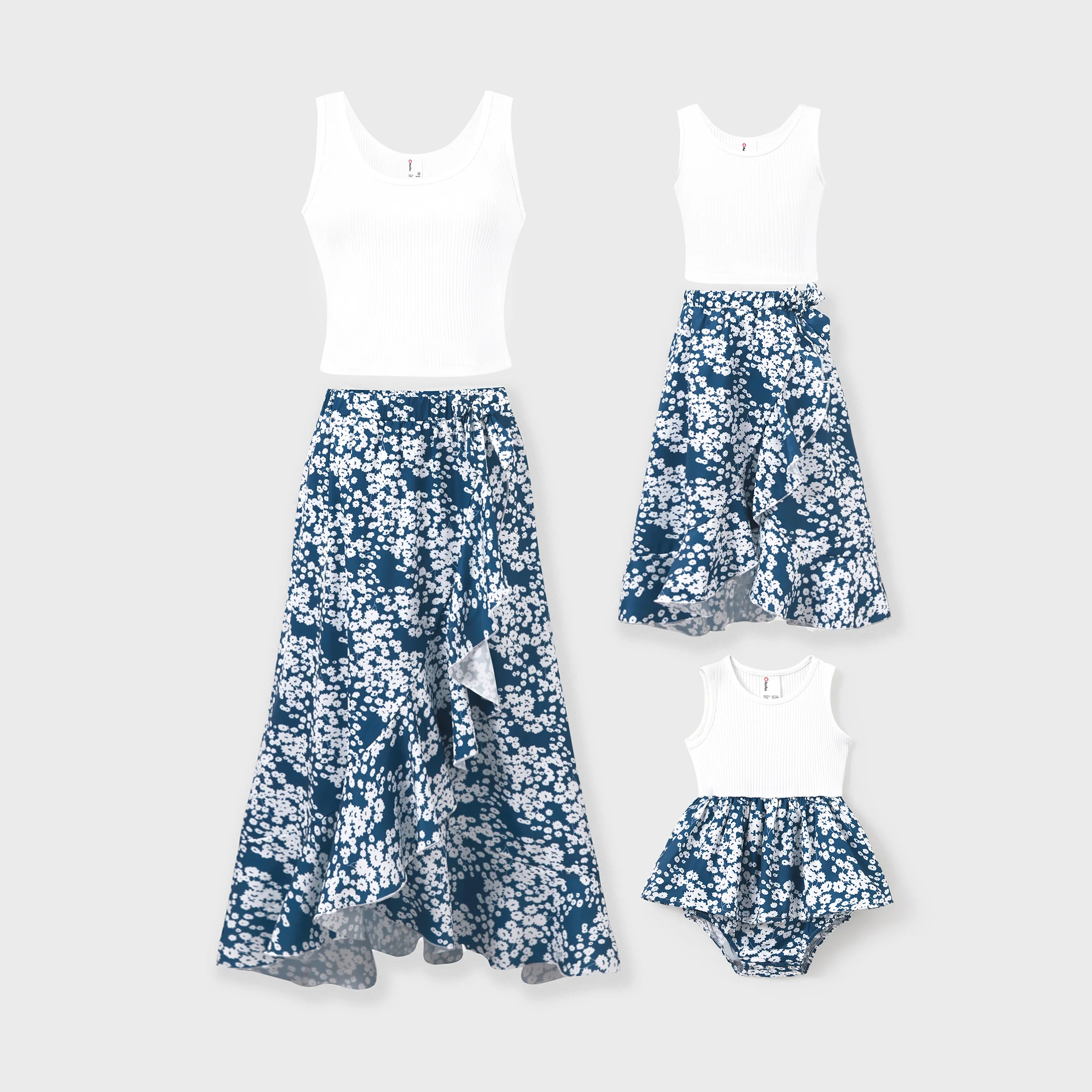 

PatPat Family Matching Outfits Cotton White Ribbed Tank Top and Floral Print Ruffle Hem Skirt Co-ord Set for Mommy and Me
