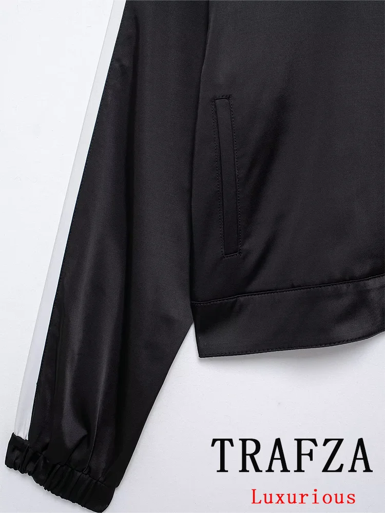 TRAFZA Vintage Casual Chic Women Satin Suit Side Stripe Stand Collar Coat Loose Lace-up Long Pants New Fashion 2024 Autumn Sets