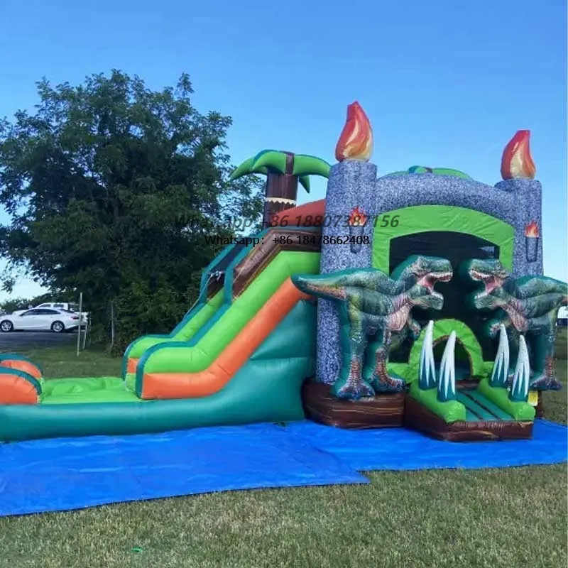 Outdoor Dinosaur Large Bouncer Inflatable Park Commercial Bouncy Castle Inflatable T-Rex Water Slide Bounce House with Pool