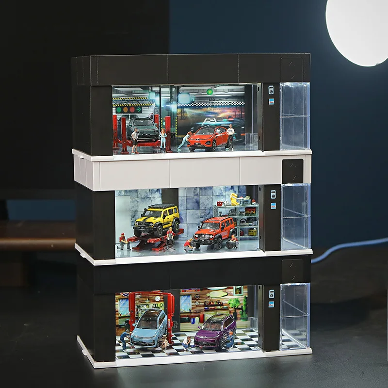 1/64 Scale Voice Controlled Car Display Case with LED Lights - Garage Diorama and Parking Simulator Model Set