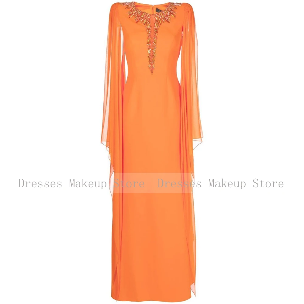 Orange Evening Dress for Women Cloak Sleeves Crystal O Neck Evening Gowns Long 2024 Trumpet/Mermaid Elegant Wedding Guest Dress