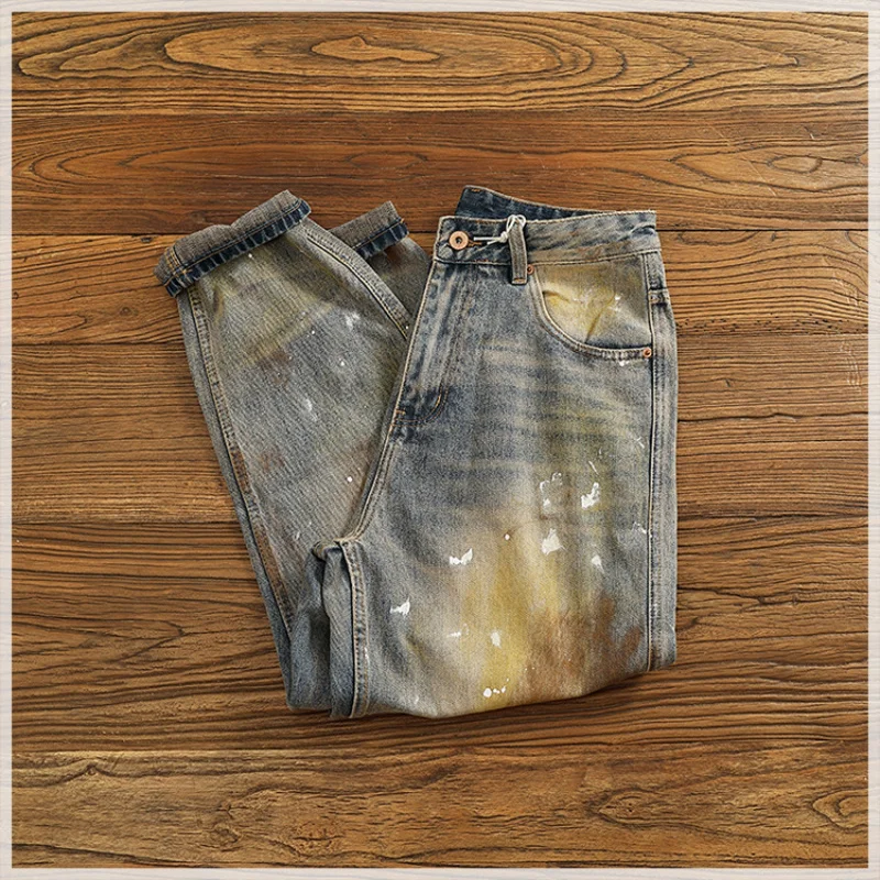 

Autumn and winter heavyweight loose straight leg jeans for men, personalized splashed ink vintage denim pants
