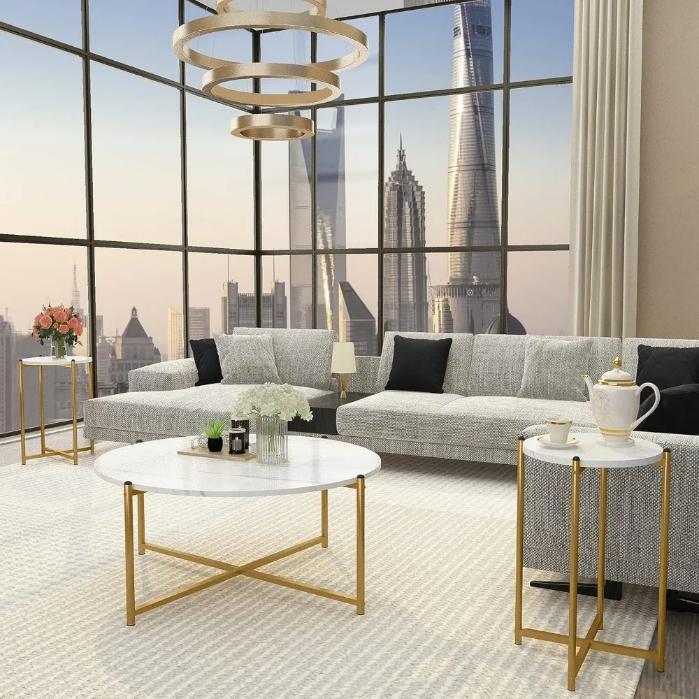 Faux Marble Coffee Table Set - 3 Piece, Including 1 Coffee Table and 2 Sofa Tables, Round Tops with Metal Cross Bases, Ideal for