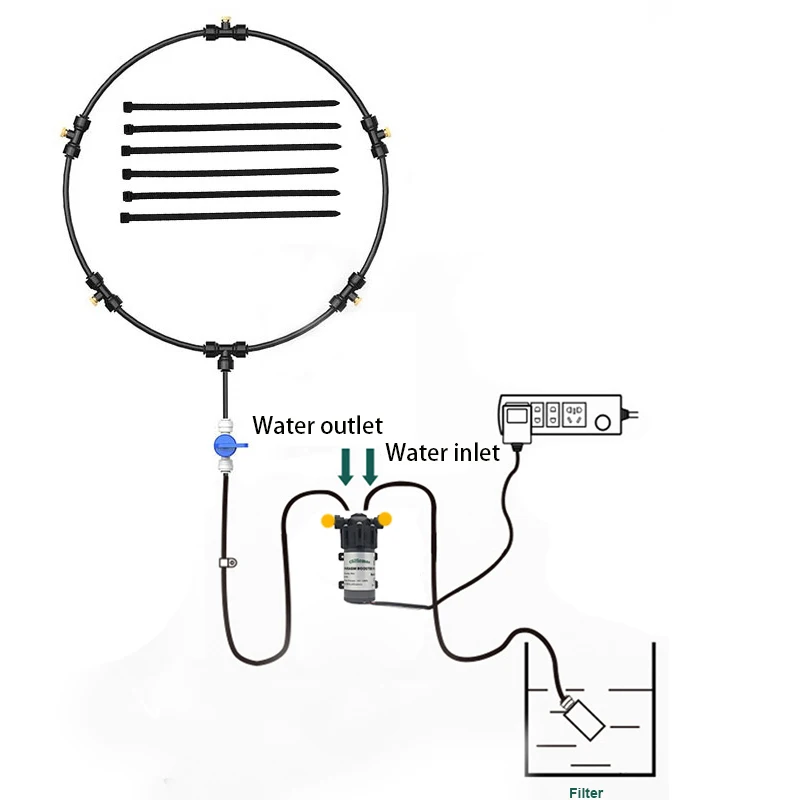 Kit de nebulización portátil para ventilador, boquillas de latón de 5 piezas, Mini bomba silenciosa para sistema de enfriamiento por nebulización, 1