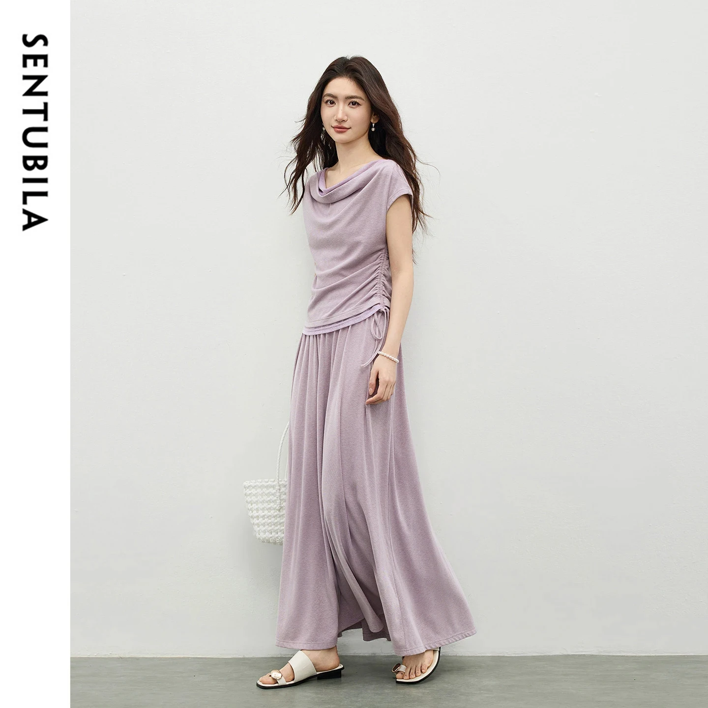 

SENTUBILA Two-Piece Set Women Double Layer Cowley Neck Ruched Drawstring Slim Top A-Line Skirt Elegant Purple Outfit 162ZF5703