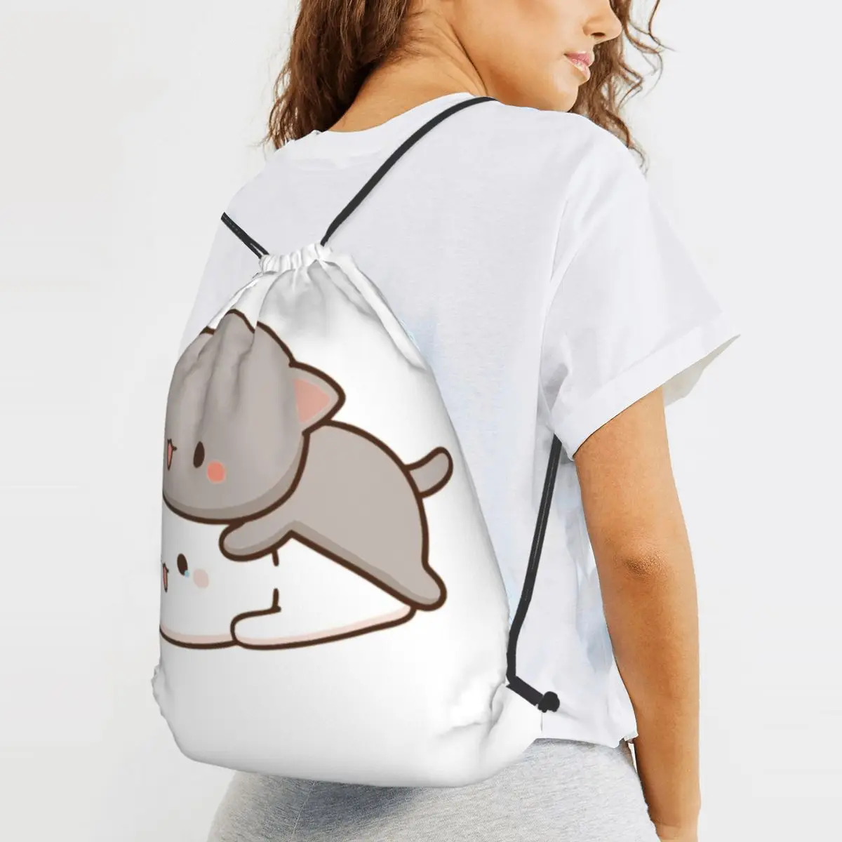 Peach And Goma Cuddling Mochi Peach Cat (2) Backpacks Fashion Drawstring Bags Sundries Bag Book Bags for Man Woman School