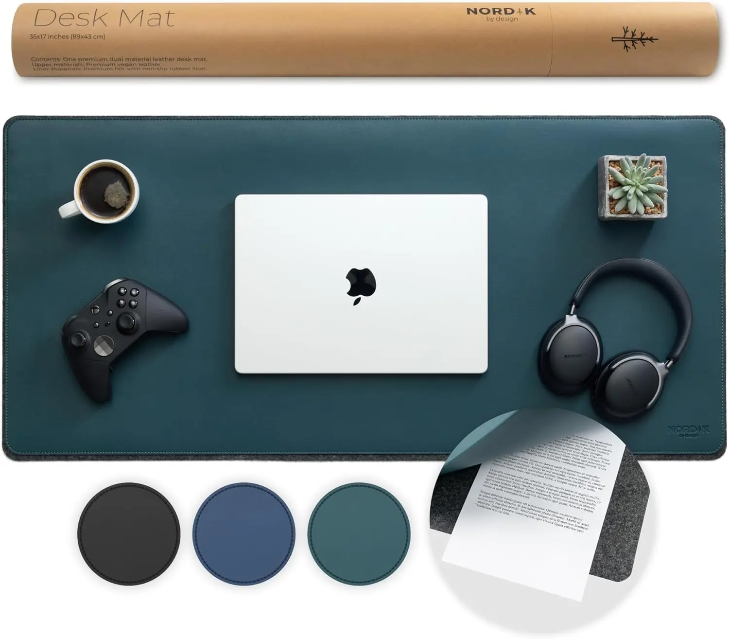 Nordik Felt and Leather Desk Mat Non-Slip - Green - 35 X 17 Inch - Dual Layer - Felt and Vegan Leather Desk Pad - Docum