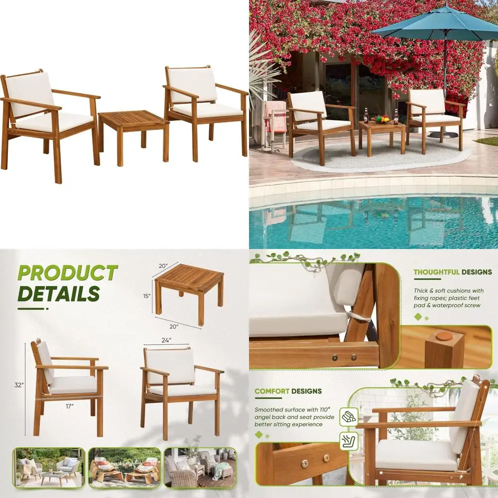 

Комплект мебели для патио из 3 предметов из акации с журнальным столиком и подушками для разговоров на открытом воздухе и использования на балконе